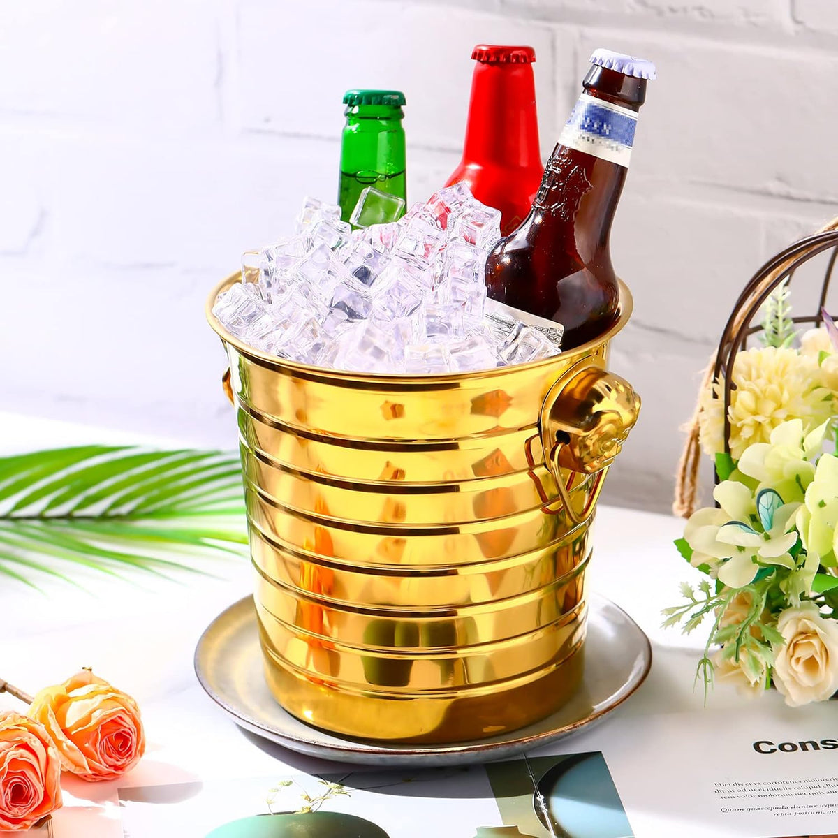 Pinkunn 6 Pack Stainless Steel Champagne Bucket 3 Qt Metal Ice Bucket Double Wall Wine Bucket with