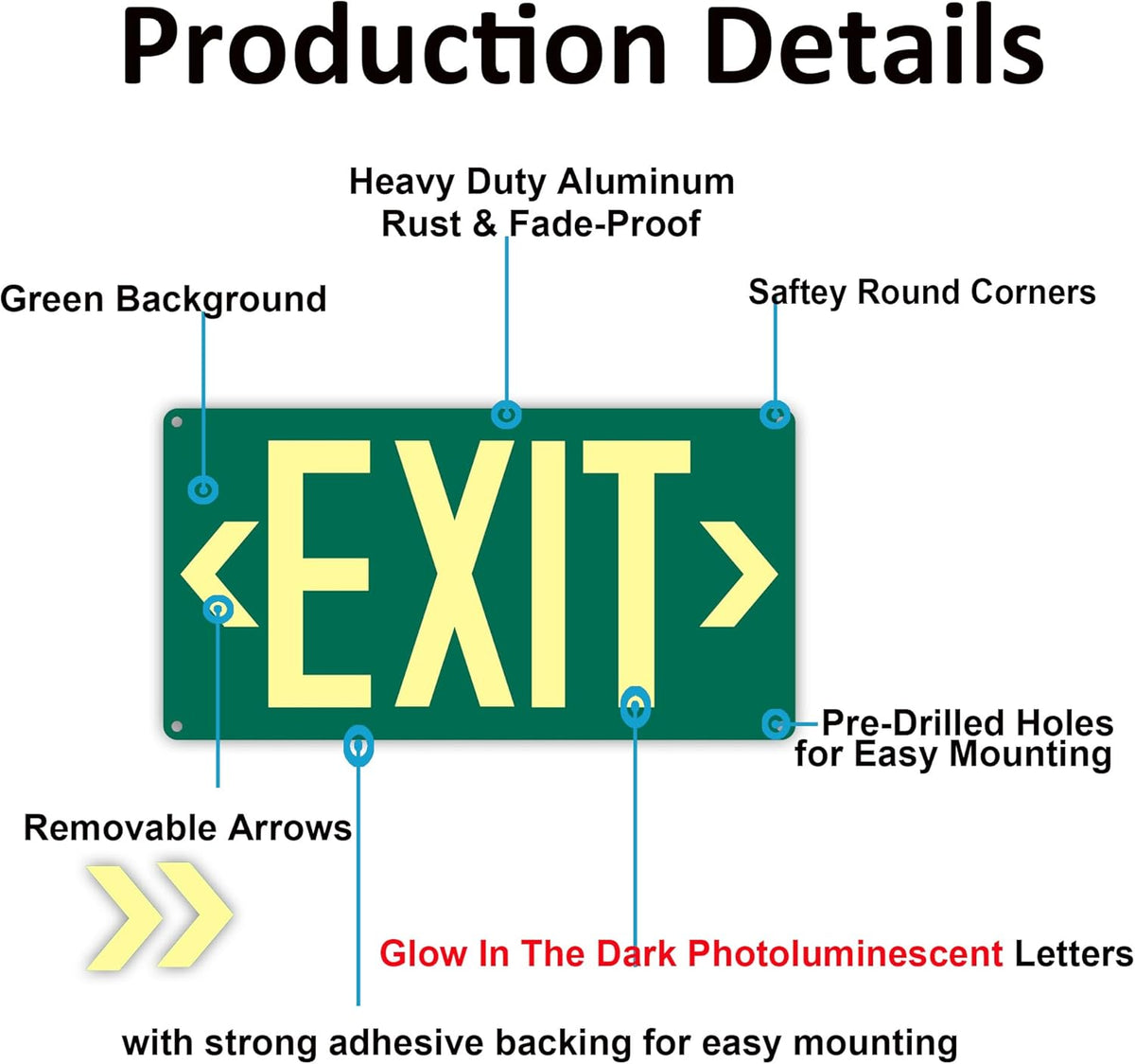 1Pack Photoluminescent Exit Sign Green - Aluminum -14.25"x 7.5" Glow In The Dark Adhesive Backing