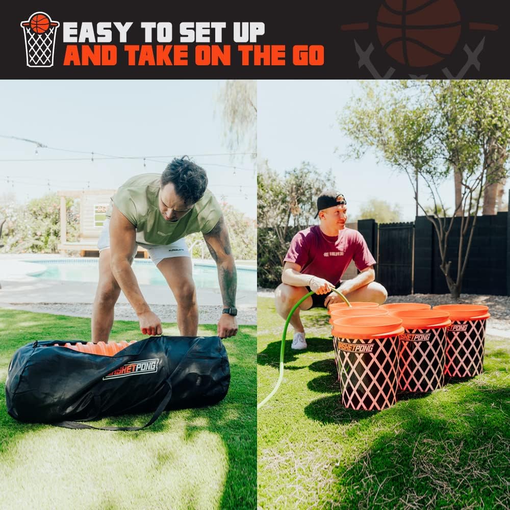 Giant Yard Pong and Basketball Game with 12 Buckets, 2 Balls, Carrying Bag, and Air Pump – Outdoor