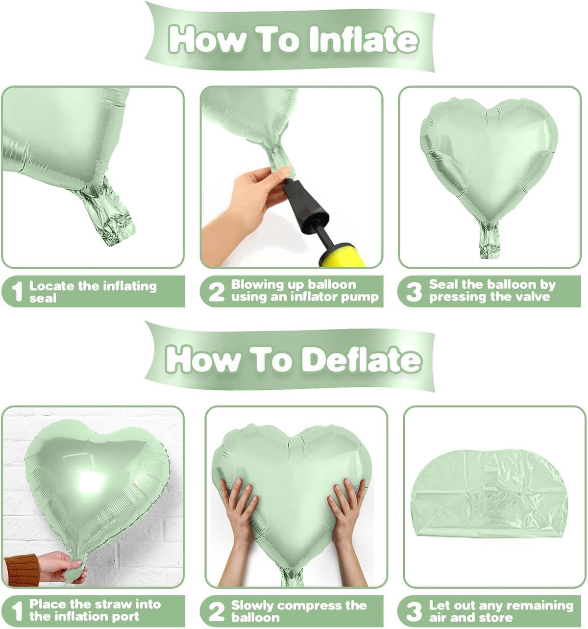 Sage Green White Heart Balloons,12Pcs 18 Inch Oliver Green Cream Foil Love Heart Shaped Balloons