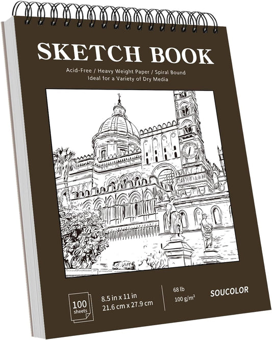 Soucolor Sketchbook 8.5x11 Hard Cover - 100 Sheets Spiral Bound Sketch Pad 8.5" x 11", 68lb/100gsm