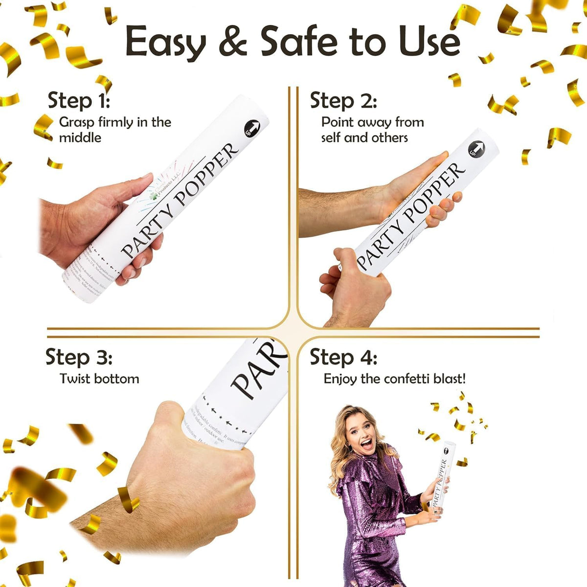 Confetti Cannons 12" – 6 Pack Gold Mylar Confetti Poppers | Party Poppers for Weddings, Birthdays