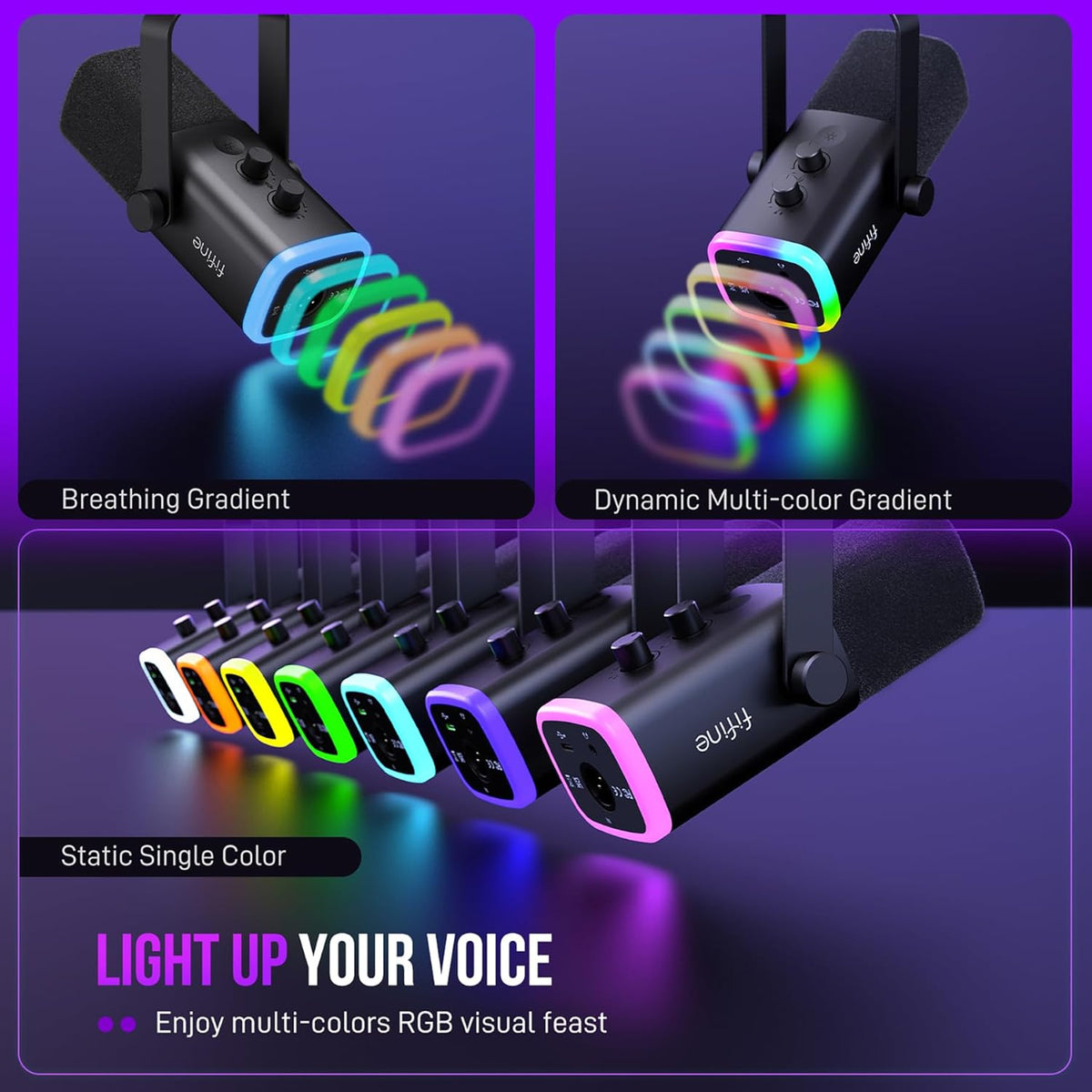 FIFINE XLR/USB Gaming Microphone Set, Dynamic PC Mic for Streaming Podcasting, Computer RGB Mic Kit