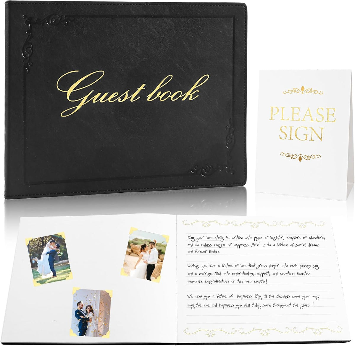 8x10 Leather Guest Book and Standup Sign Set, Gold Foiled Cover Registry Book for Wedding