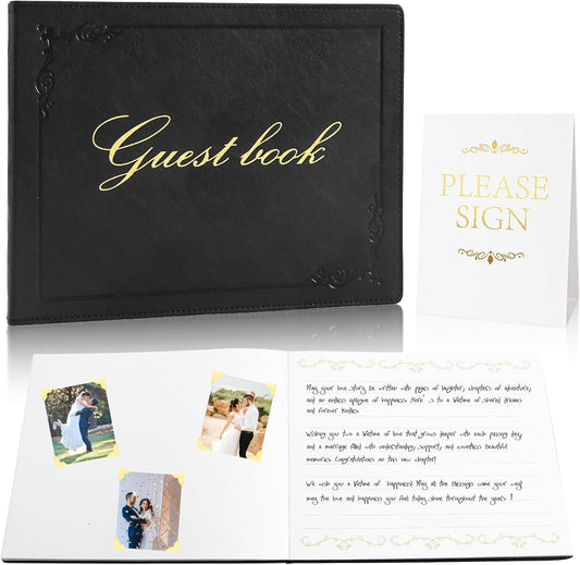 8x10 Leather Guest Book and Standup Sign Set, Gold Foiled Cover Registry Book for Wedding