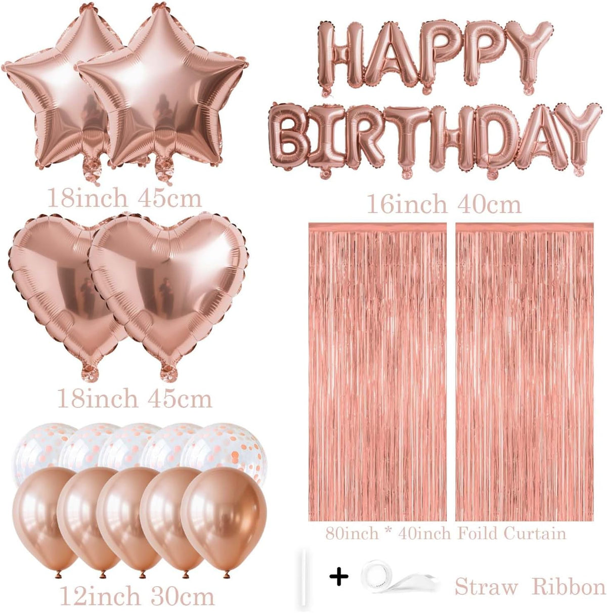 29 Pcs Rose Gold Birthday Party Decorations - Happy Birthday Balloons Banner, Heart & Star Foil