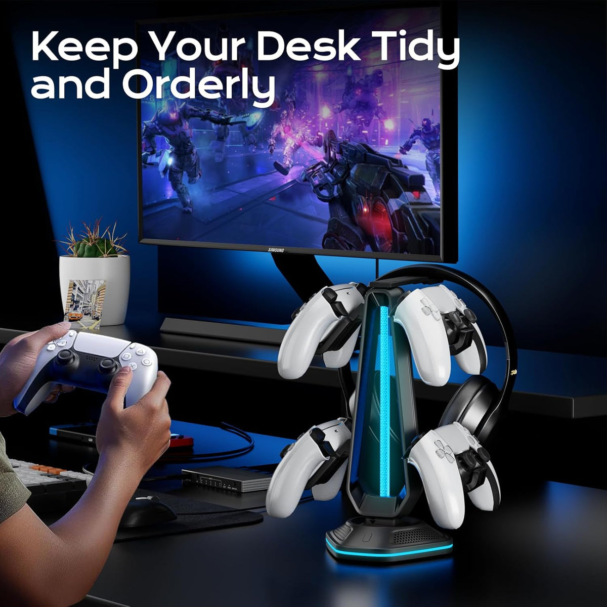 Saitake RGB Headset Stand with 9 Light Modes,Controller Holder for Desk with 2 USB Charging