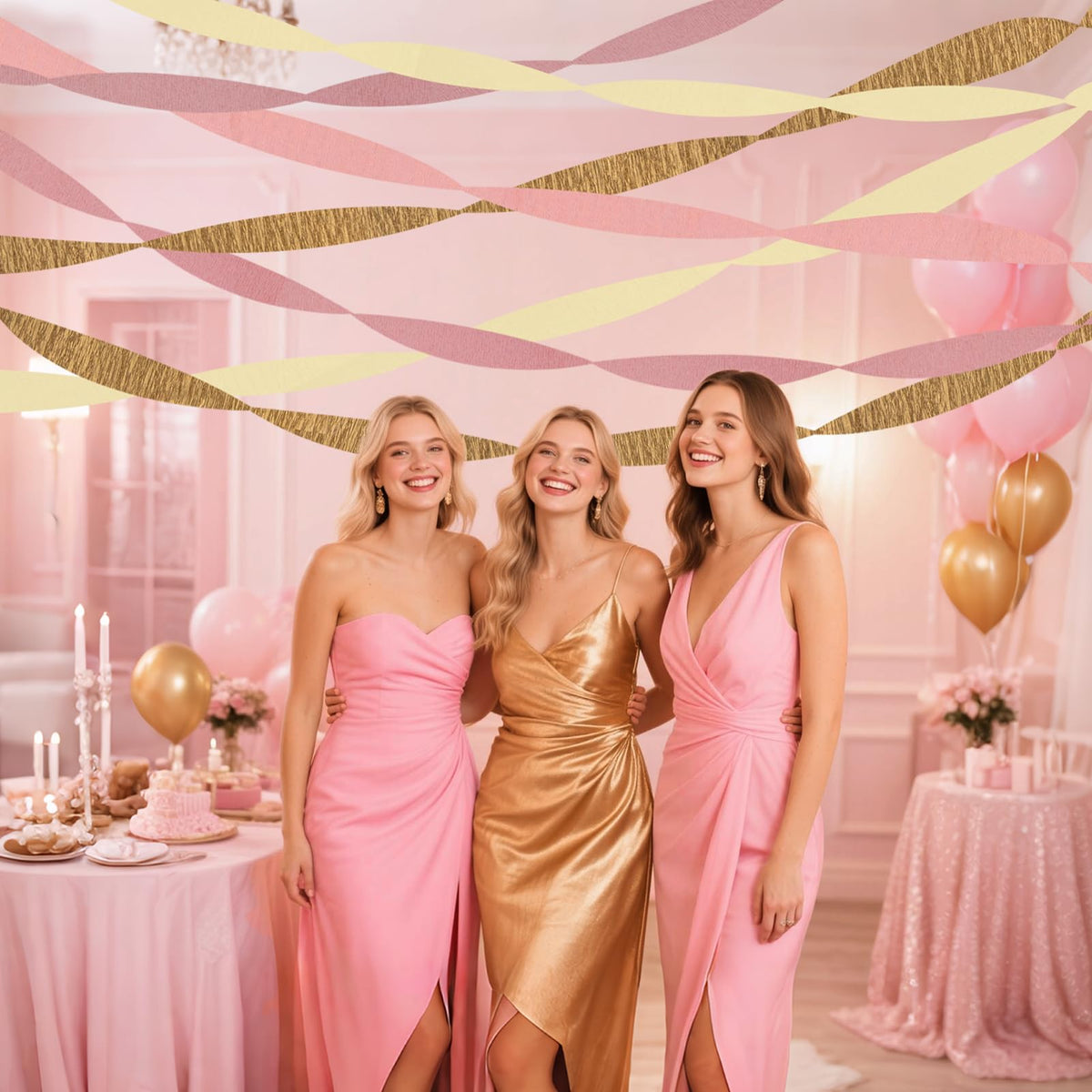 Riqiaqia Streamers Party Decorations,8 Rolls Pink Gold Crepe Paper Streamers for Wedding, Birthday