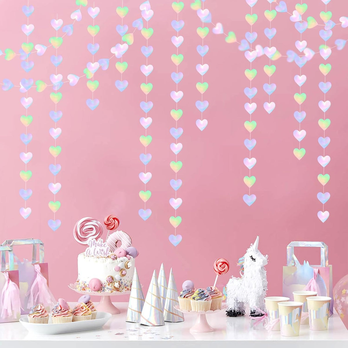 Iridescent Disco-Holographic Heart Garland - 52Ft Wedding Hanging Decoration Neon Streamers Banner