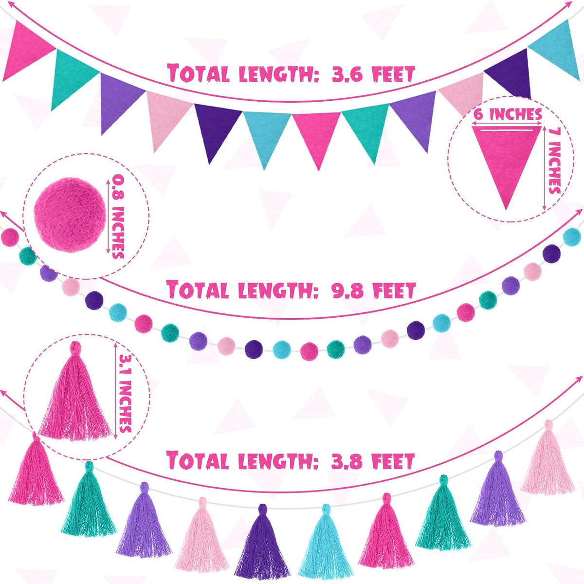 Irenare 9.8 ft Pom Pom Garland Felt Colorful Tassel Banner Christmas Party Pompoms Garland
