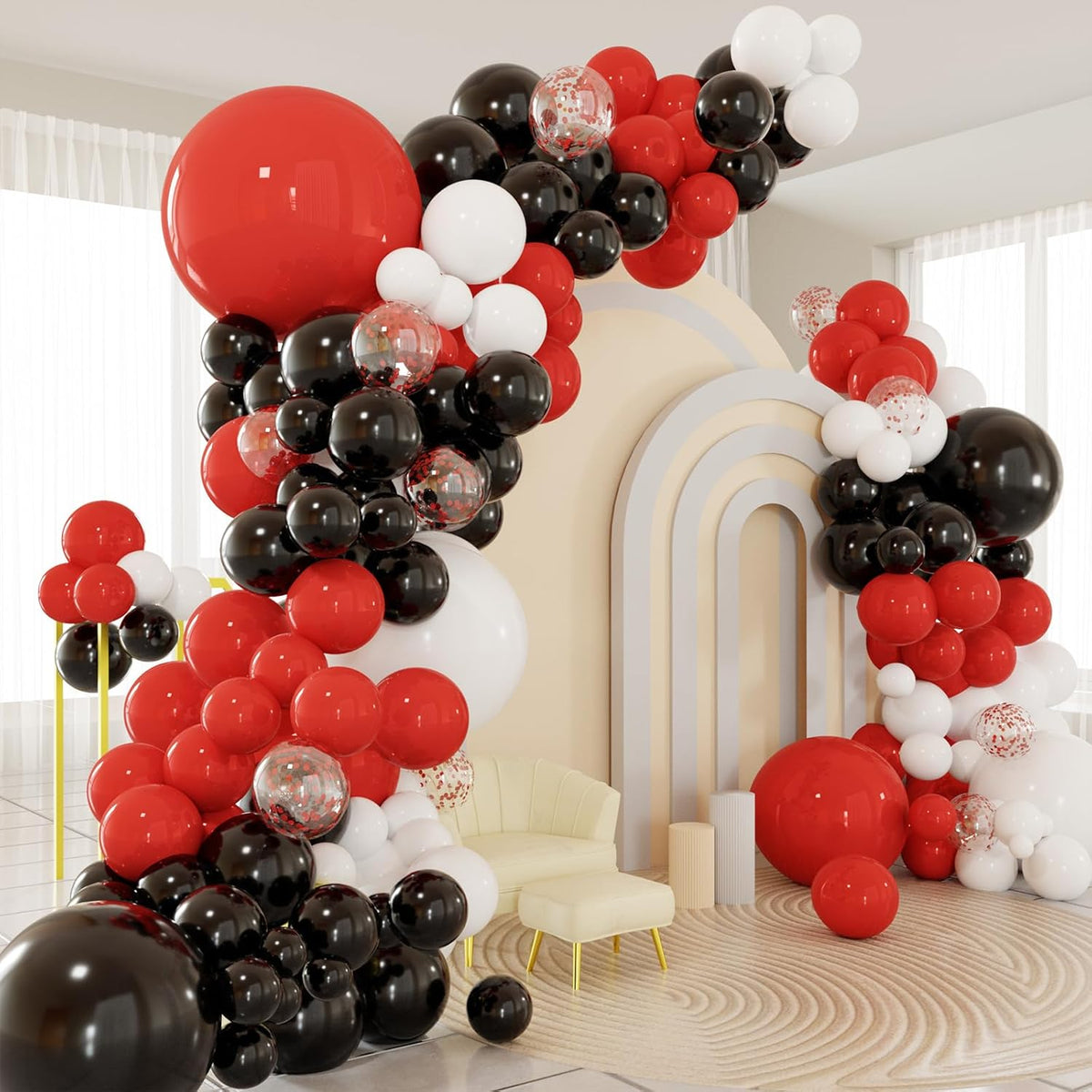 Red White Black Balloons Arch Kit, 124pcs Black White Red Confetti Balloons with 16ft Tape Strip &