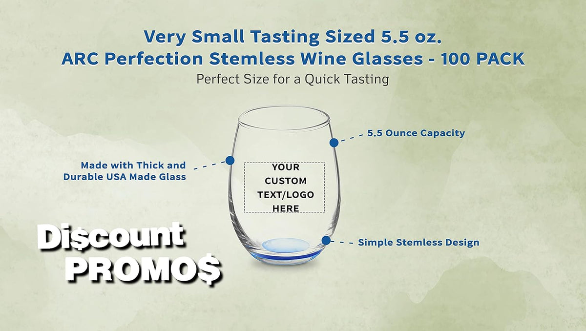 Custom Stemless Wine Glasses by ARC 5.5 oz. Set of 100, Personalized Bulk Pack - Perfect for Hotel