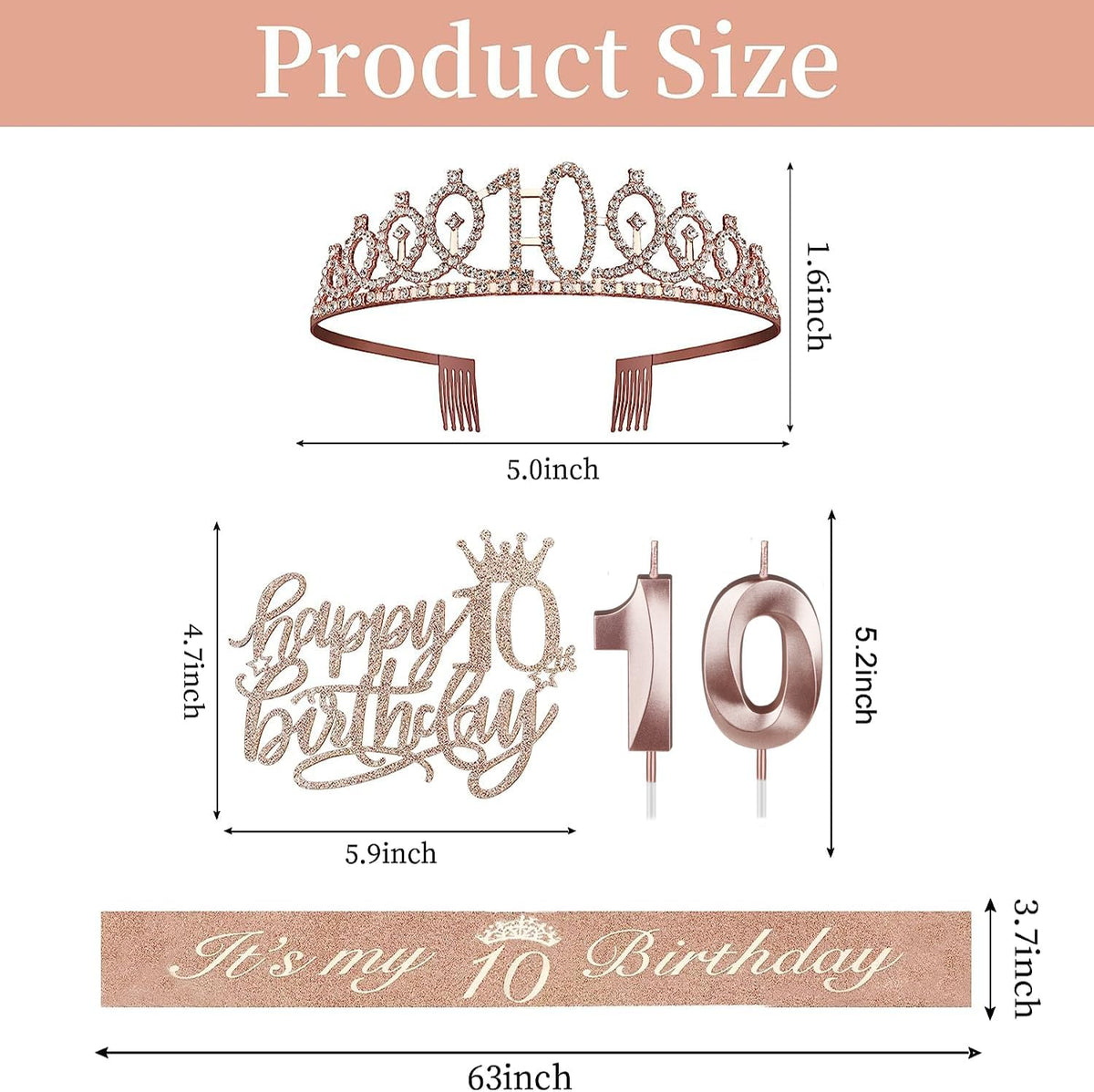 10th Birthday Decorations for Girls, Including Sash, Crown/Tiara, Candles, Cake Topper. 10th