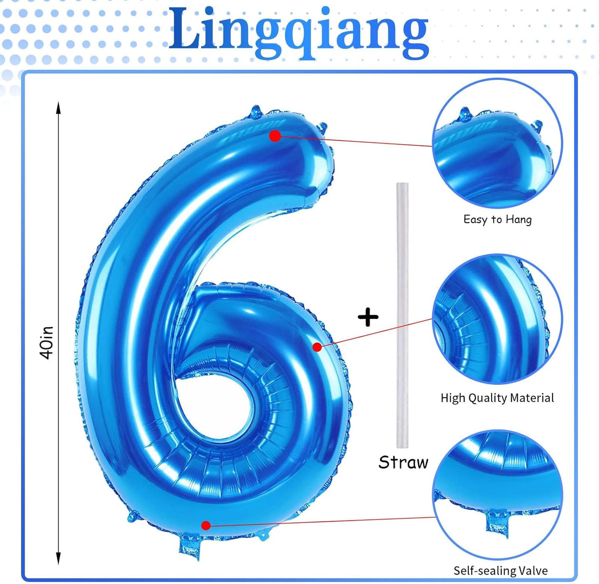 40 Inch Blue Large Numbers Balloons 0-9, Self Inflating Foil Number 6 Helium Balloons for 6th Boys