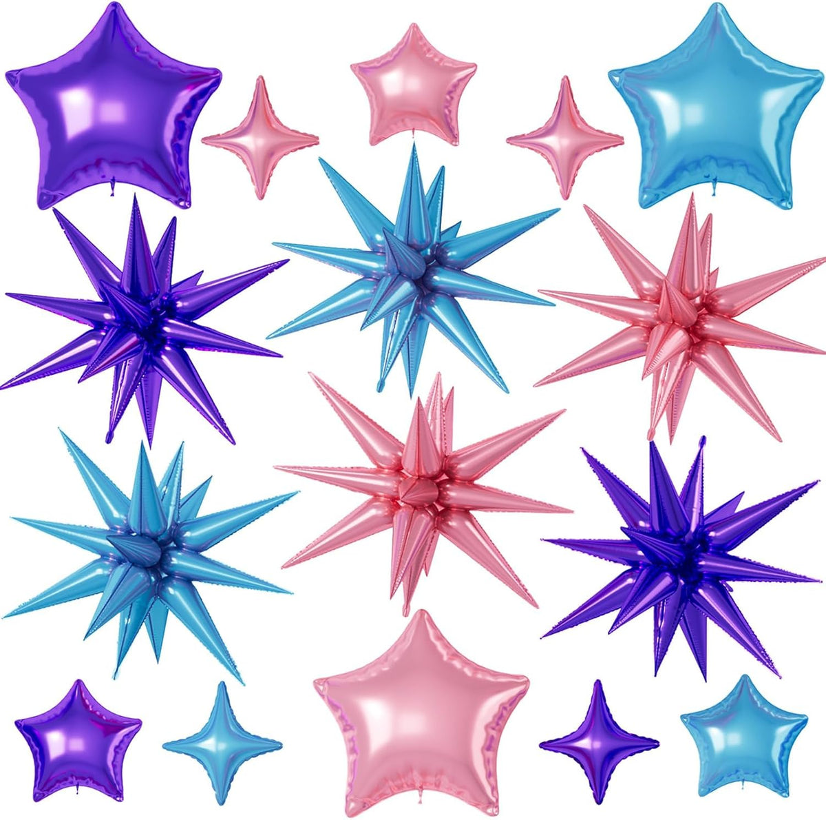 16 Pcs Pink Purple Blue Star Balloons, 22/18/10 Inch Foil Balloons, Four-Pointed Balloon for Girl