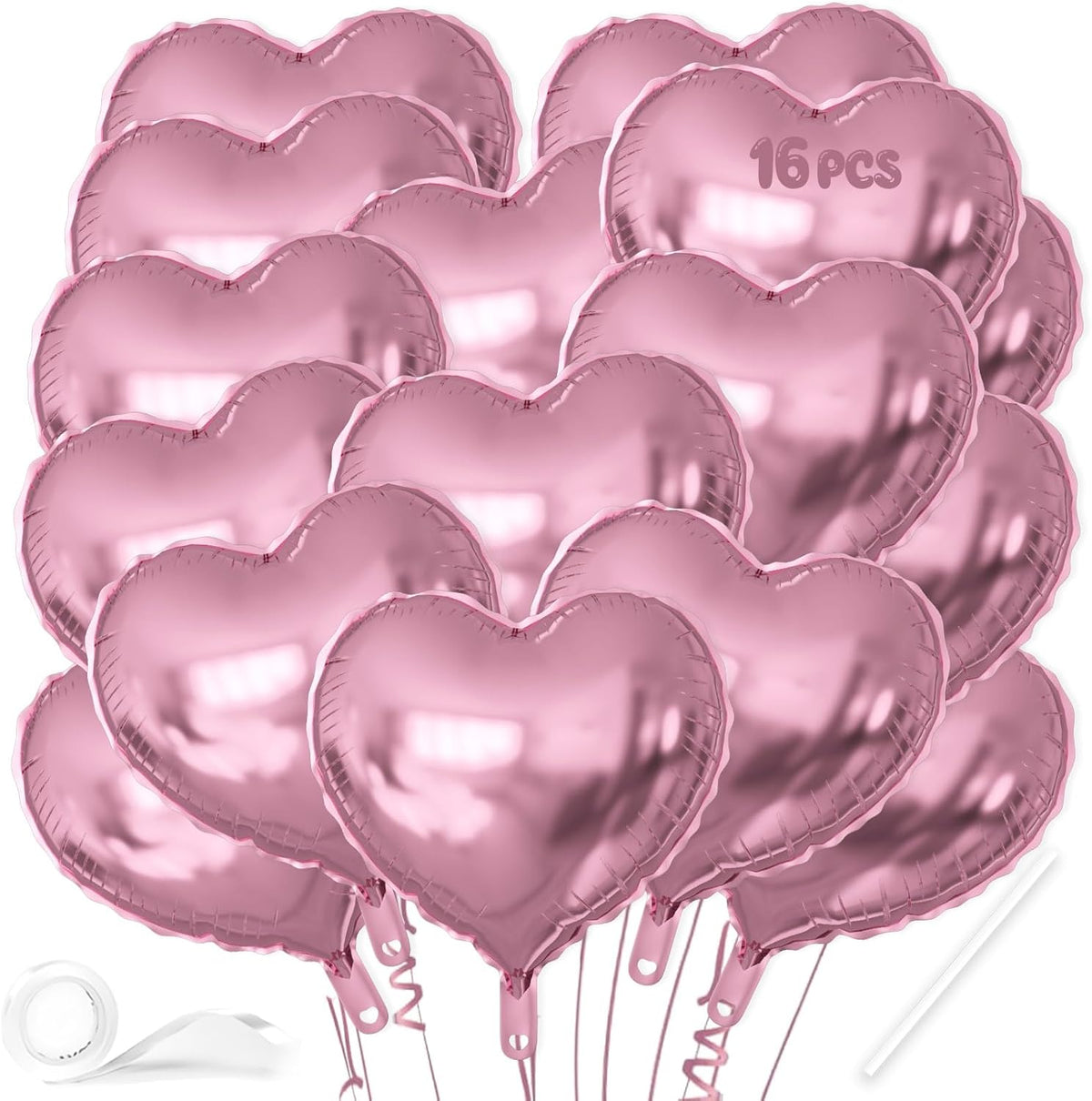 16 Pcs Heart Balloons, 18 Inch Pink Love Heart Shaped Foil Balloons for Wedding Anniversary