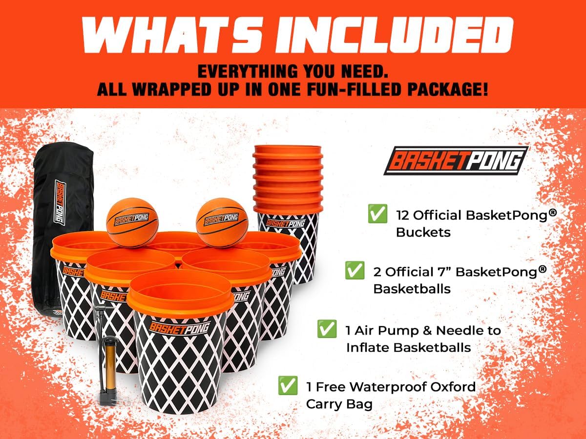 Giant Yard Pong and Basketball Game with 12 Buckets, 2 Balls, Carrying Bag, and Air Pump – Outdoor