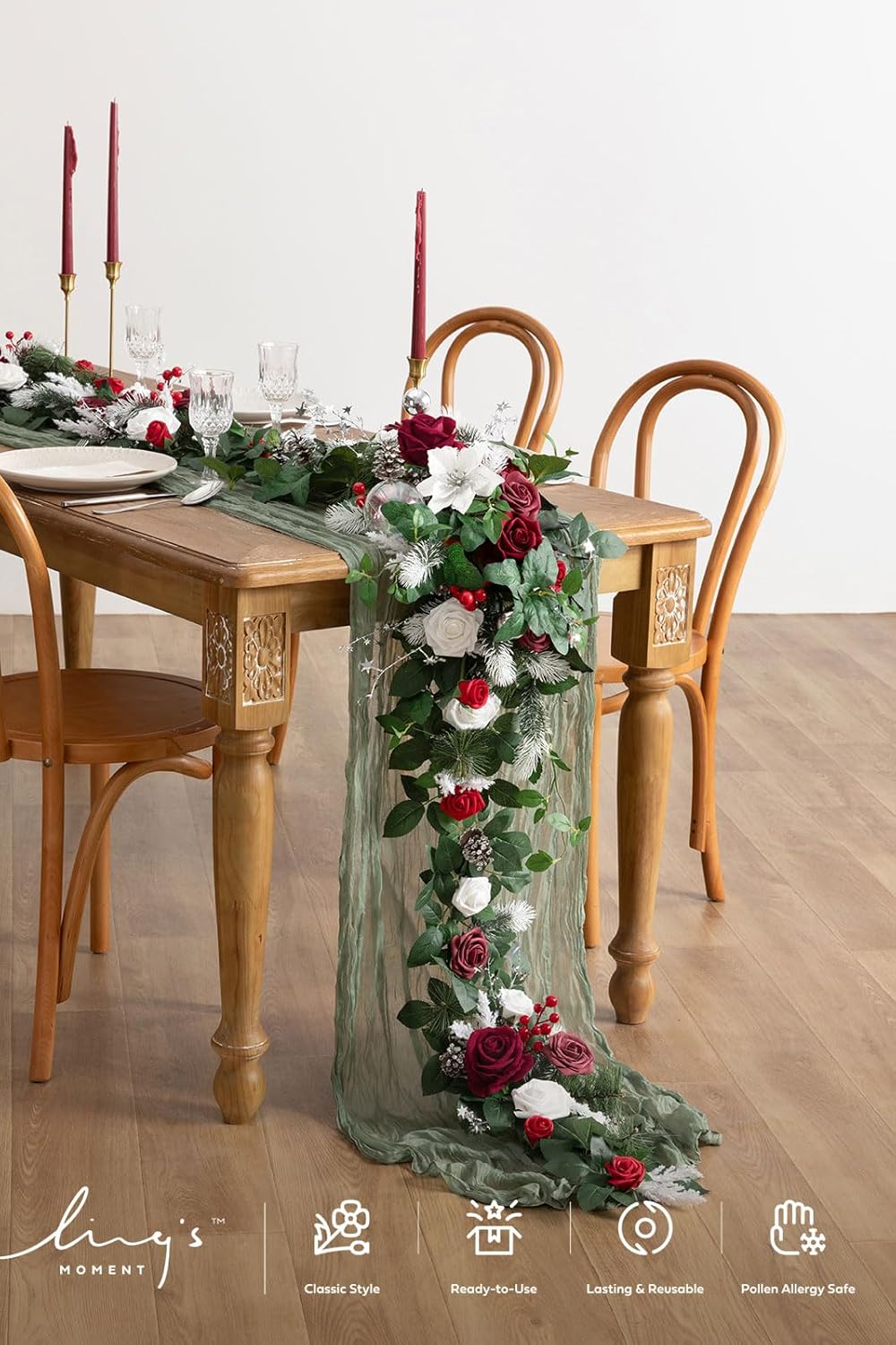 Ling's moment Eucalyptus Garland with Flowers 6FT，Table Runner with Flowers Marsala Mantle Decor