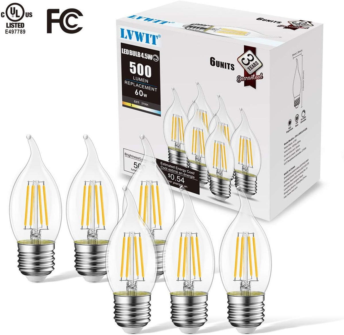 LVWIT Flame Tip LED Filament Bulb Candelabra E26 Base Dimmable 4.5W (60W Equivalent) B11 Chandelier