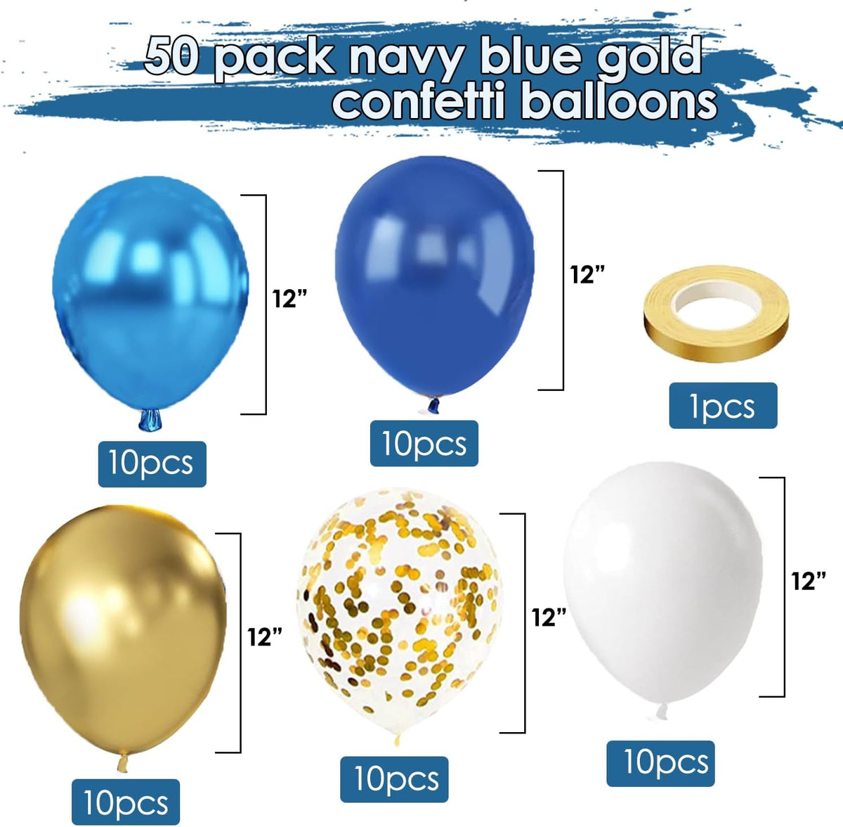 Navy Blue and Gold Confetti Balloons, 50pcs 12 Inch Metallic Blue Latex Confetti Balloons Matte