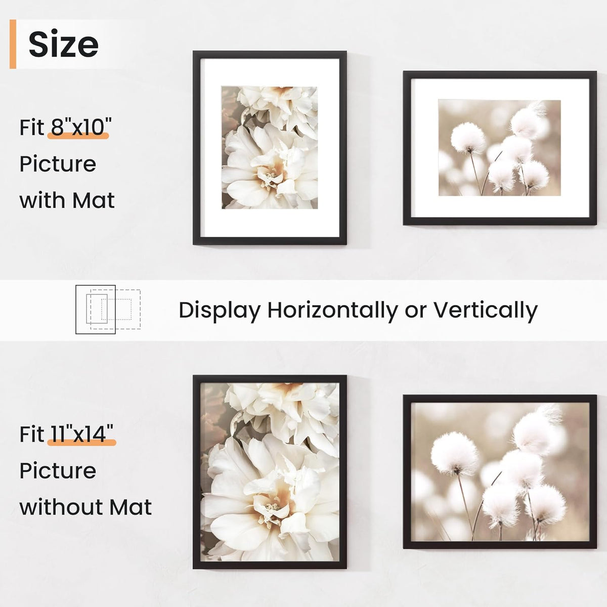 11x14 inch Picture Frame, 11x14 Photo Frames with 8x10 Removable Mat - High Definition Plexiglass