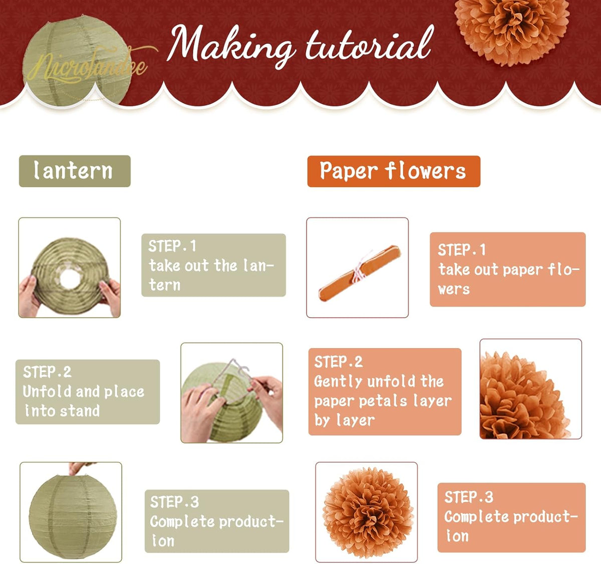 NICROLANDEE Fall Wedding Decorations, 12 PCS Orange Maple Leaf Paper Lanterns Tissue Pom Poms for