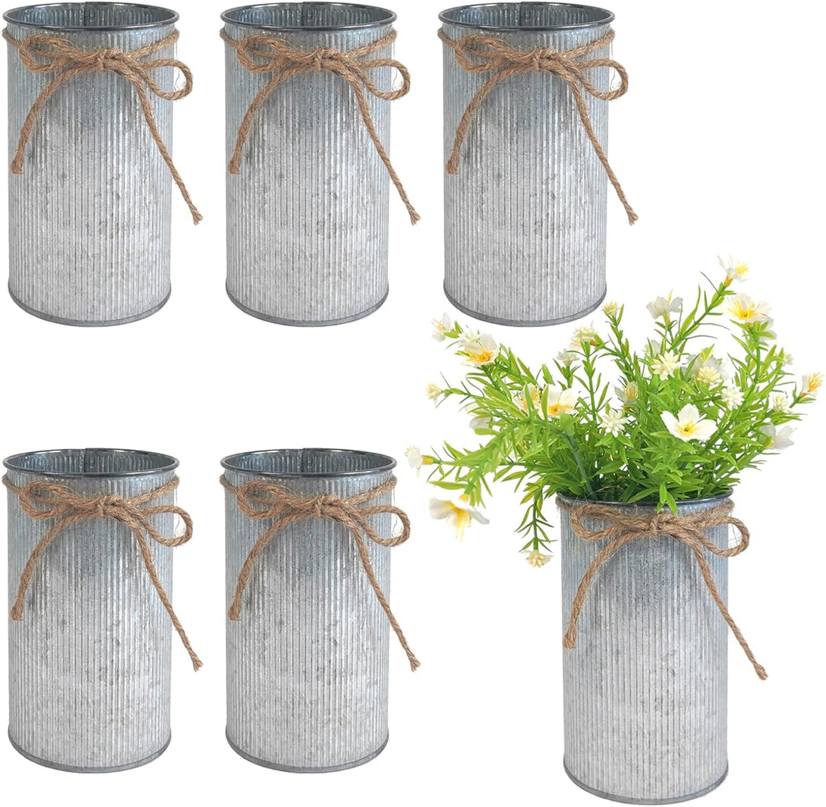 6" High Vase Centerpiece for Table, Rustic Farmhouse Mason Jars with Twine Bow, Vintage Galvanized
