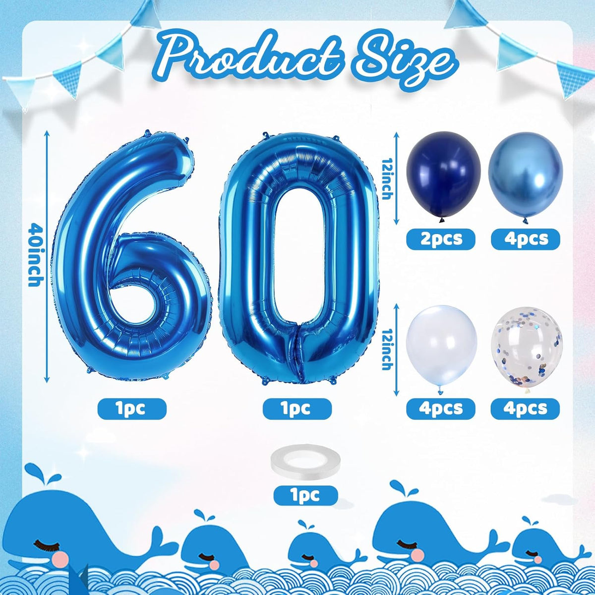 60 Balloon Number Blue, Big Number 60 Balloon Pastel Navy Dark Blue with Metallic Silver Confetti