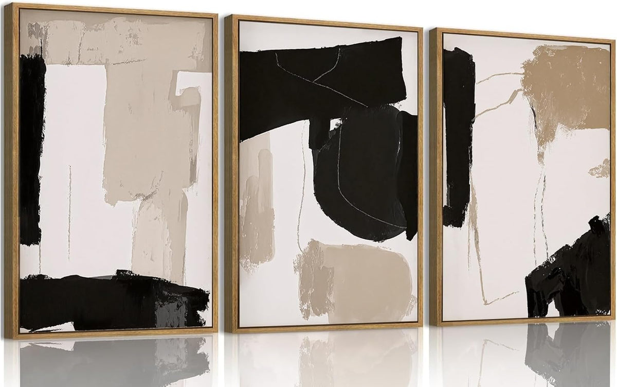 myusuar 3 Piece Large Modern Abstract Canvas Framed Wall Art For Living Room, Black And Beige