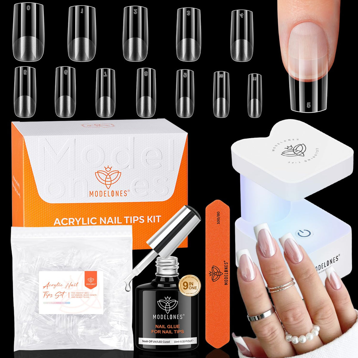 modelones Medium Square Gel Nail Tips Kit, 9-in-One Nail Glue with Portable U V Lamp 216Pcs 12Sizes