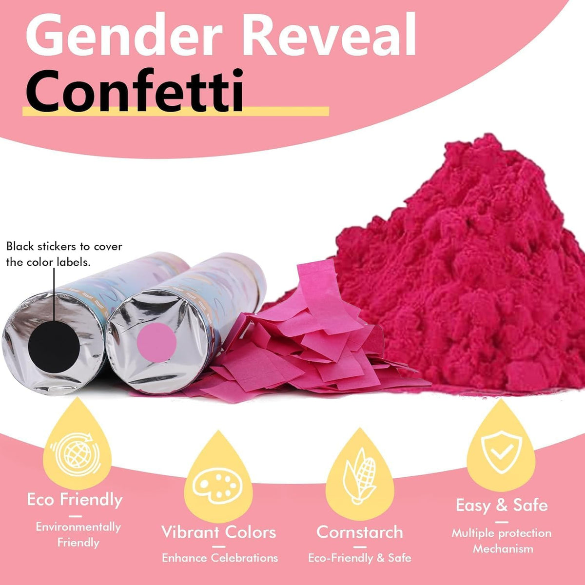 Previvo Gender Reveal Confetti Powder Cannon - 2 Pack Pink Baby Gender Reveal Poppers - 100%