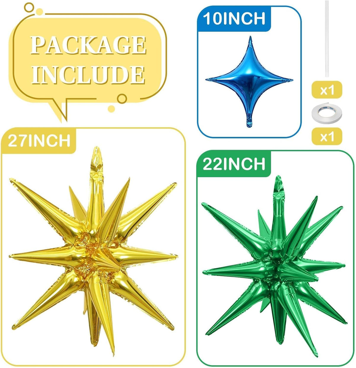 Colorful Star Balloons 12pcs, 27/22 Inch Foil Rainbow Star Explosion Balloons, Large Spike Mylar