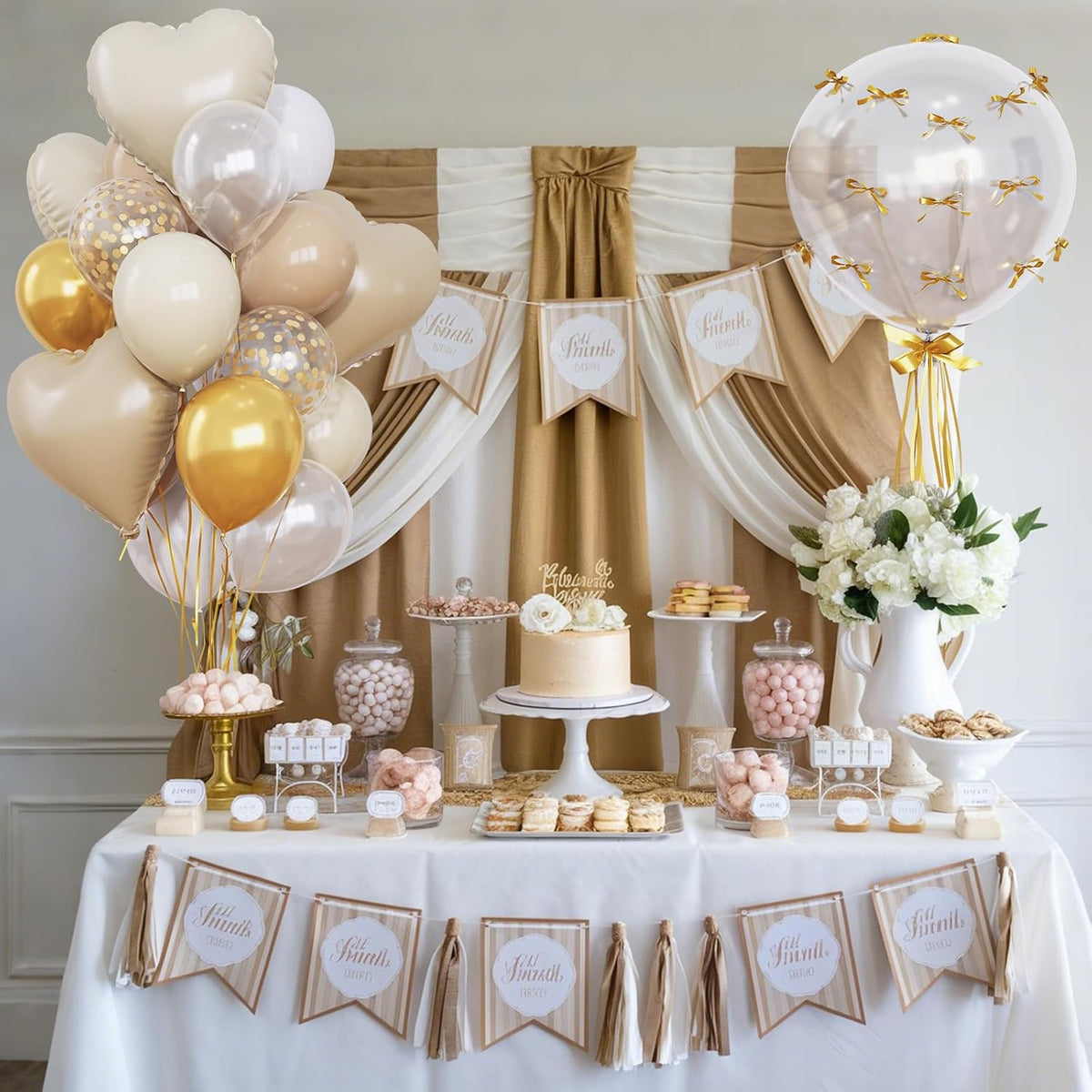 Sand White and Gold Balloons Beige Heart Balloon as Engagement Party Decorations, Metallic Gold and