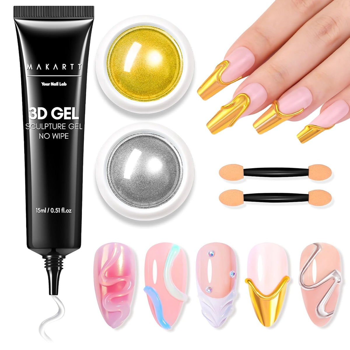 Makartt 3D Gel Nail Art & Chrome Nail Powder Kit: 15g Sculpting Gel for Nail Art DIY No wipe 3D