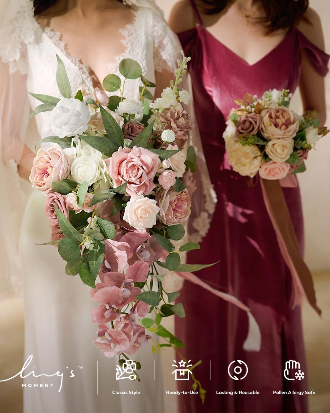 Ling's moment Dusty Rose Bridal Bouquet Cascading, Pink Wedding Bouquets for Bride, 15 Inch Bride