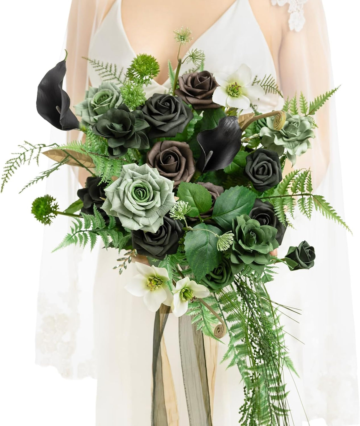 Ling's moment Forest Green Bridal Bouquet Cascading, Emerald Green Wedding Bouquets for Bride, 13