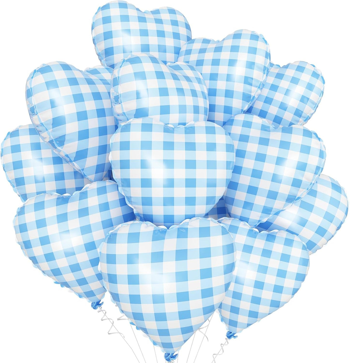 Blue White Checkered Heart Balloons,12Pcs 18Inch Light Blue Grid Heart Shaped Foil Helium Polyester