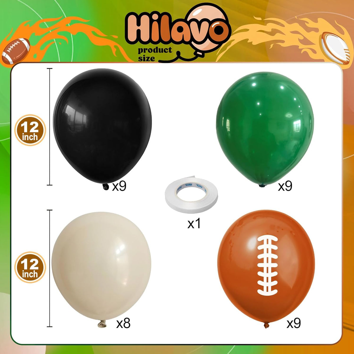 Football Balloons, 12 Inch Dark Green Black White Sand with Brown Printed Sports Latex Balloon for