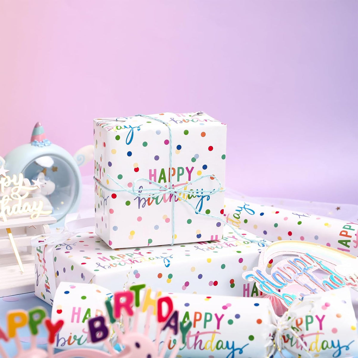LeZakaa Birthday Wrapping Paper Roll, Happy Birthday Lettering & Colored Polka Dots Design in White