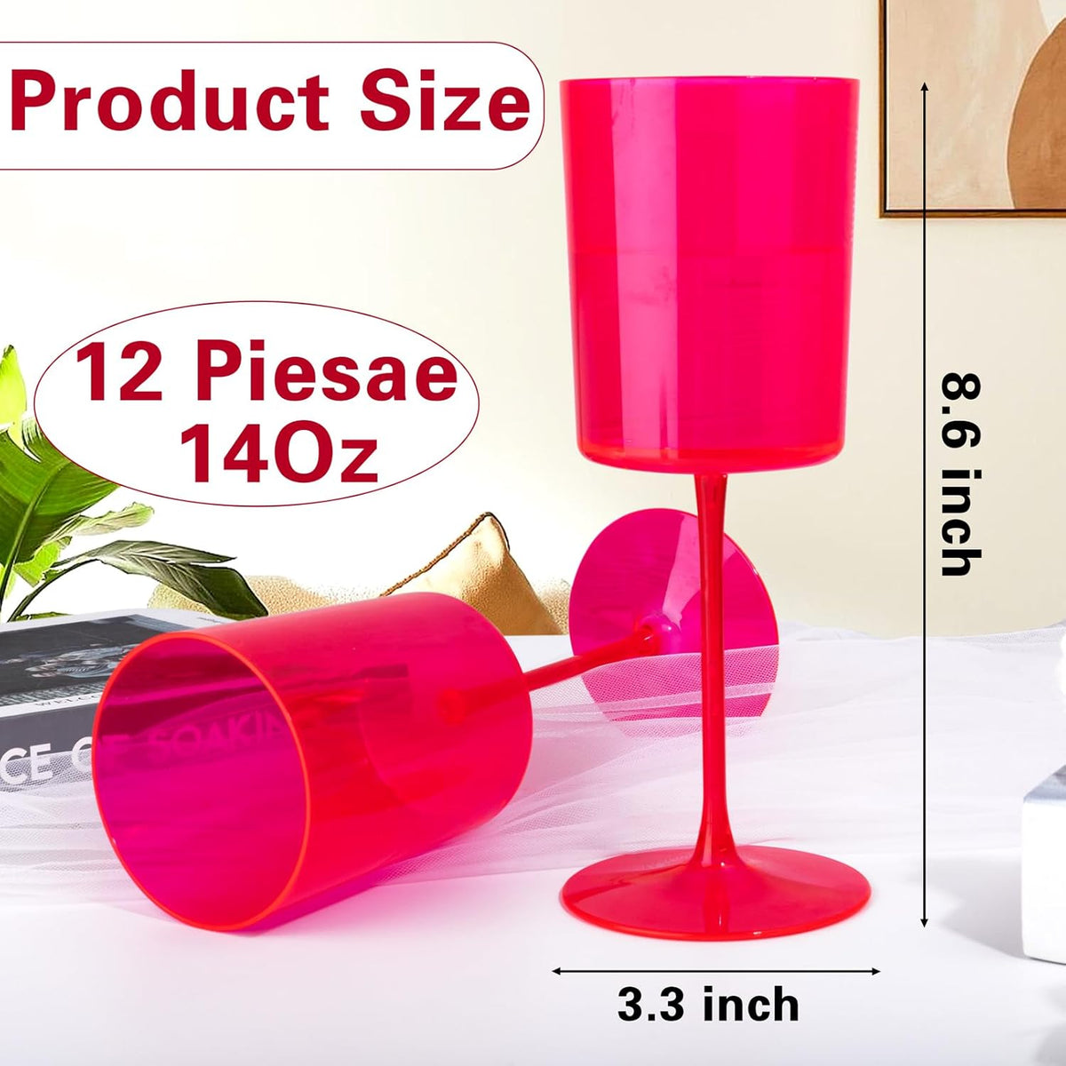 Ciaell 12 Pack Plastic Wine Glasses - 14Oz Hot Pink Plastic Wine Glasses With Stem - Disposable