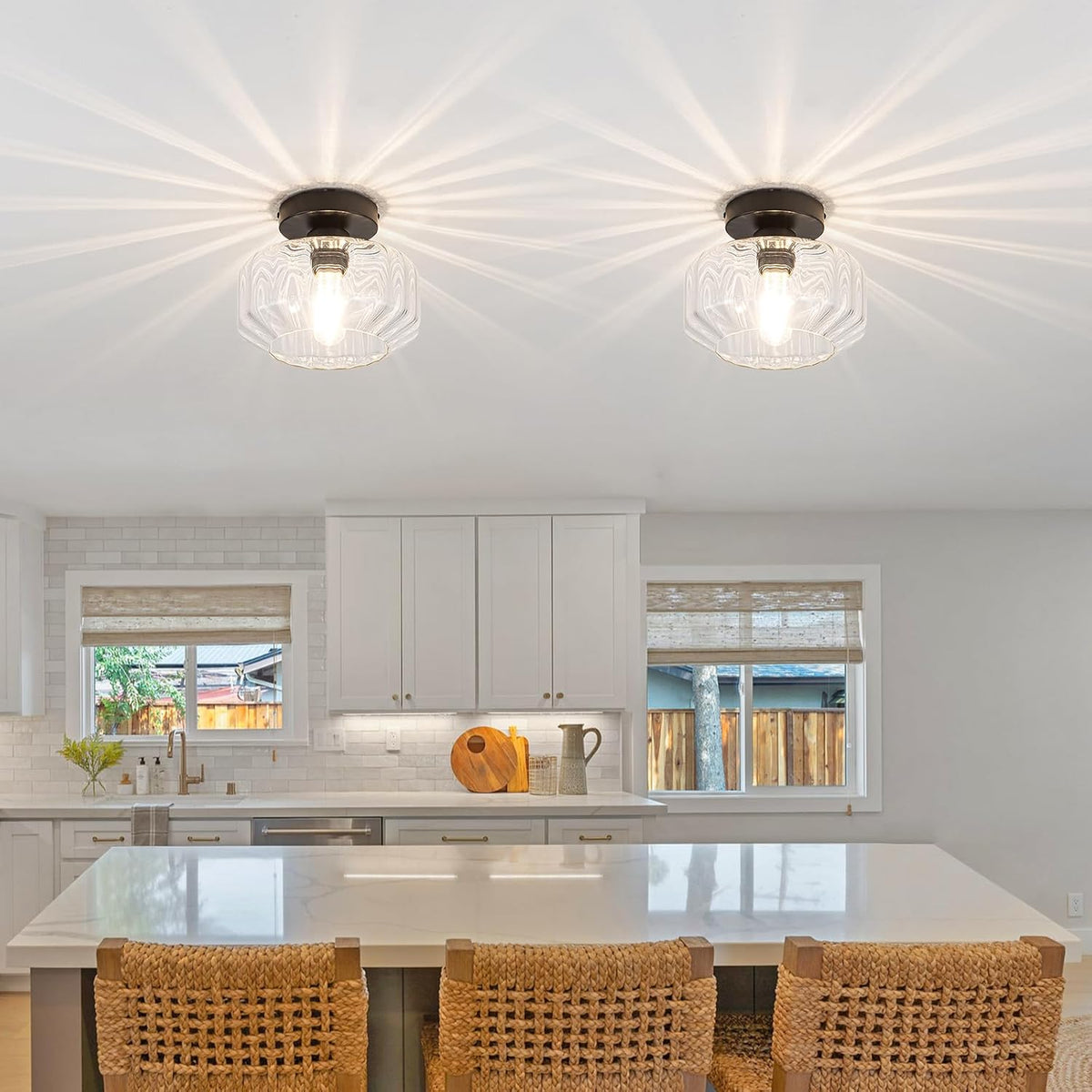 Semi Flush Mount Ceiling Light with Hexagonal Diamond Textured Glass, Matte Black Base & Includes