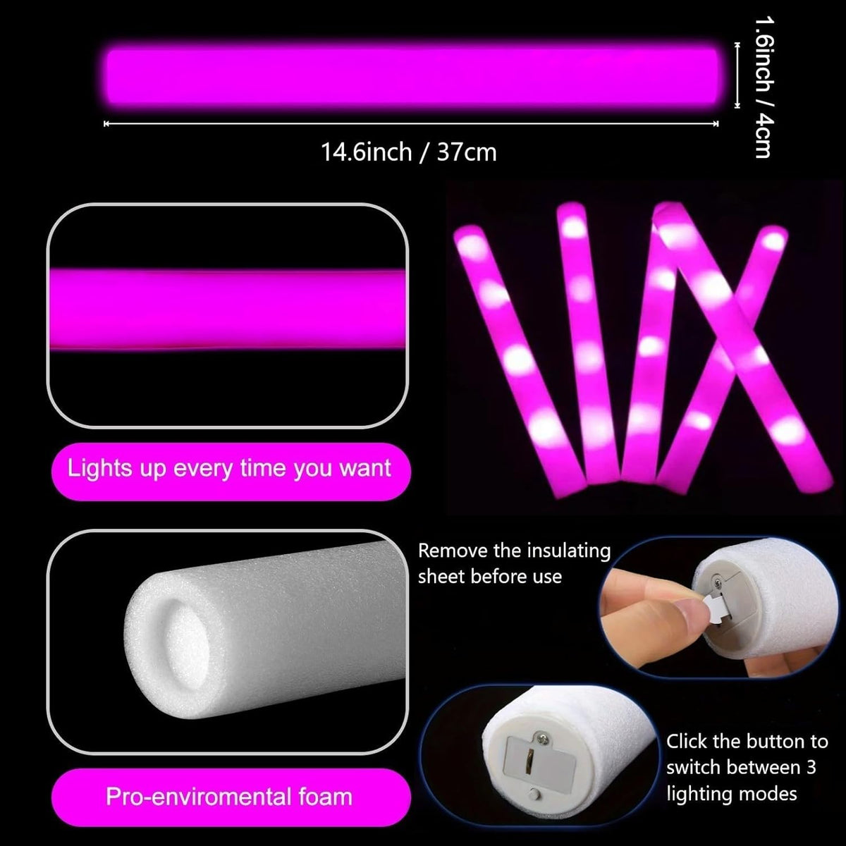 Glow Foam Sticks Bulk, 24 Pcs Pink Giant LED Light Up Sticks 3 Modes Flashing Glowing Baton Wands