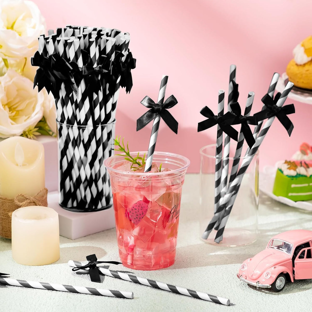 100 Pcs Black Bow Paper Straws for Drinking, Black and White Disposable Striped Paper Straw Bulk