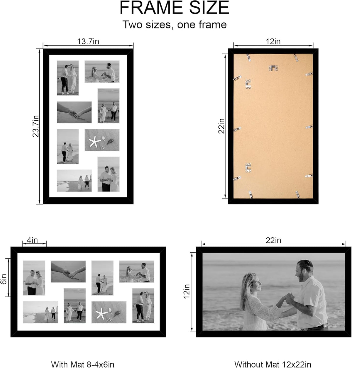 12x22 Picture Frame Set of 2, Black with Glass Collage Frame, Display Eight Opening 4x6 Photos With