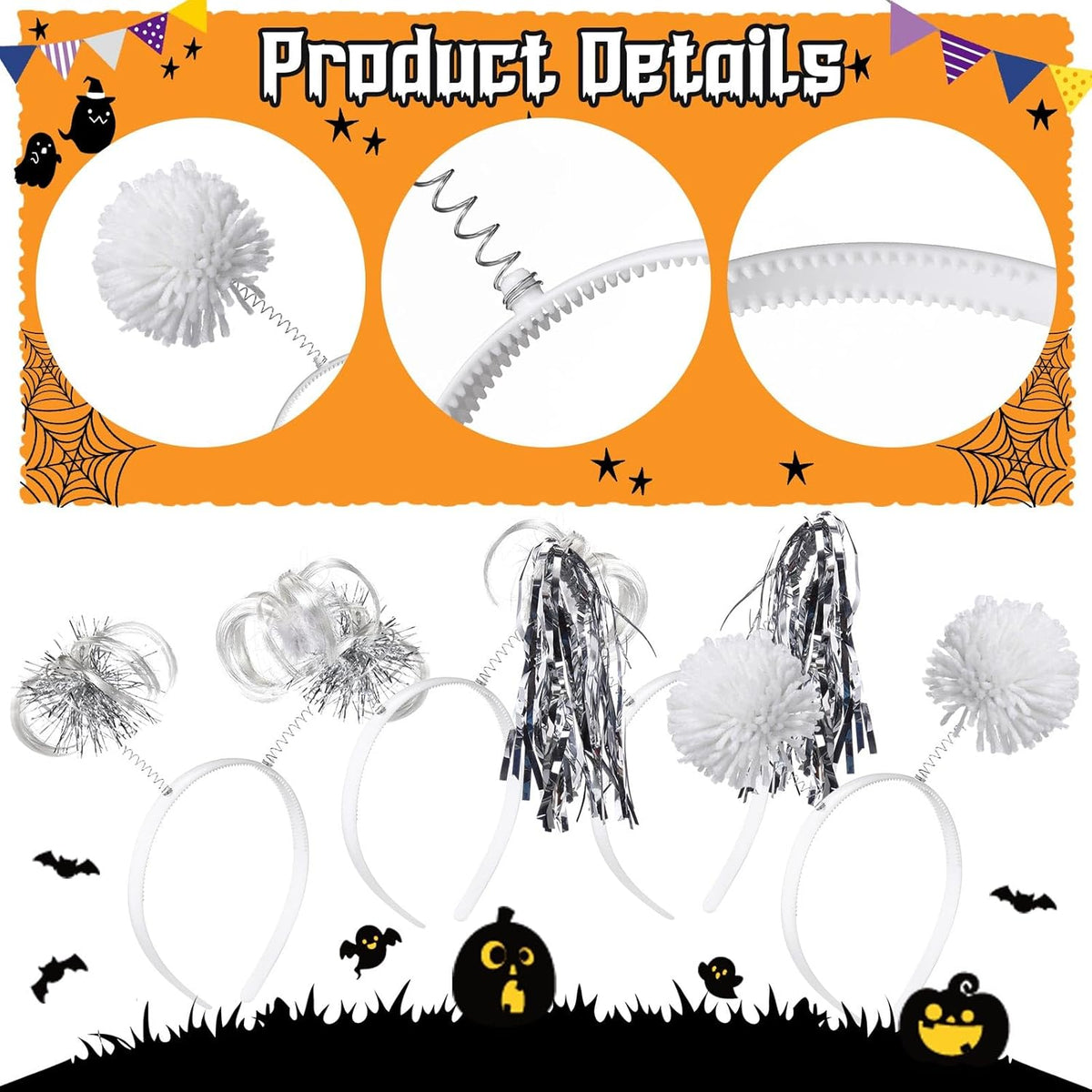 Censen 12 Pcs Halloween Pom Pom Party Headbands Tinsel Ponytails Spirit Head Bopper Headwear for