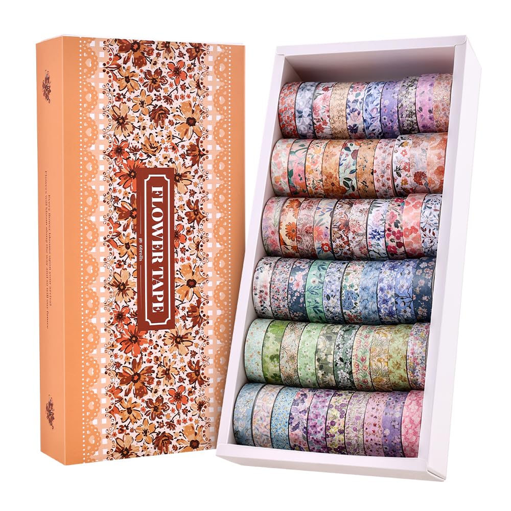 60 Rolls Flowers Theme Washi Tape Set with Different Colorful Patterns, Writable Decorative Tapes