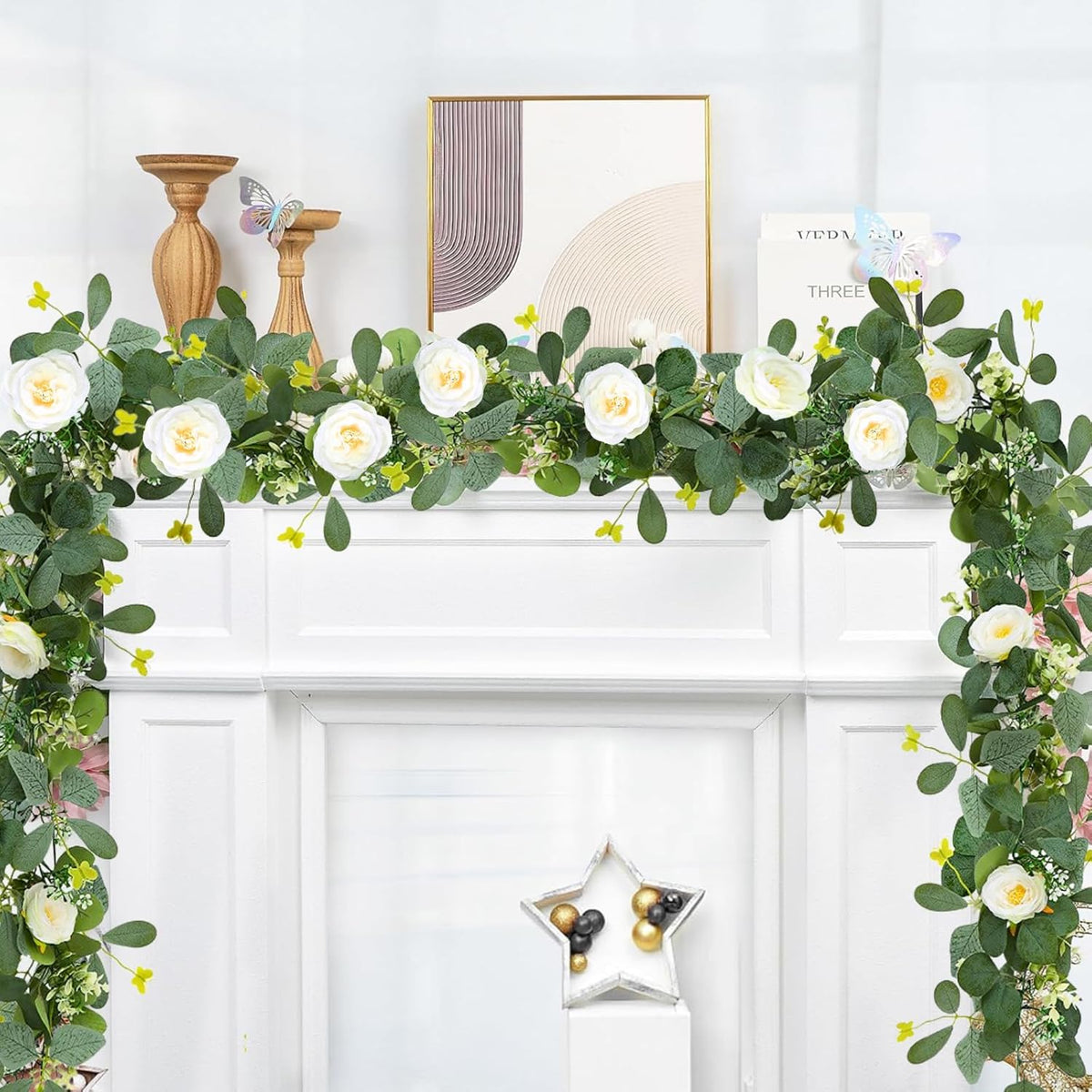 ASTRYAS 2 Pack 6.23Ft Artificial Eucalyptus Garland with Flowers, Fake Rose Garland Greenery