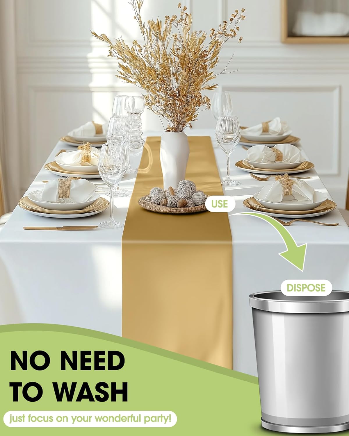 Pureegg Gold Plastic Table Runners - 10 Pack, 14'' x 108'', Water Resistant & Disposable