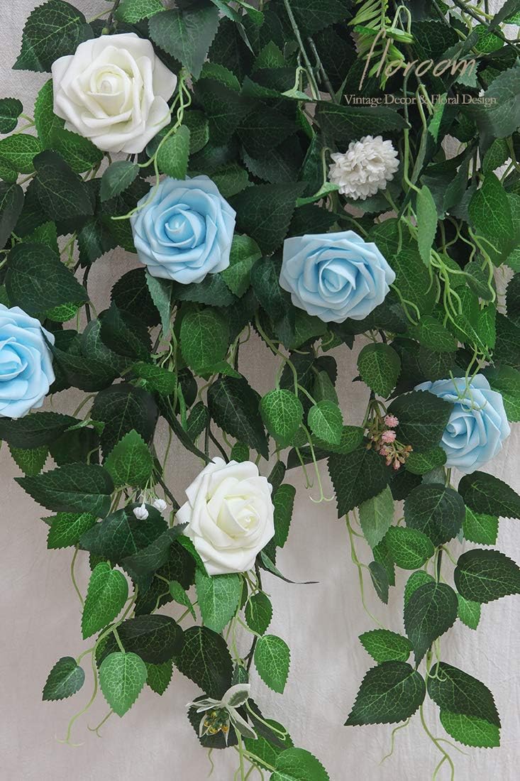 Floroom Artificial Flowers 50pcs Real Looking Aqua Blue Foam Fake Roses with Stems for DIY Wedding