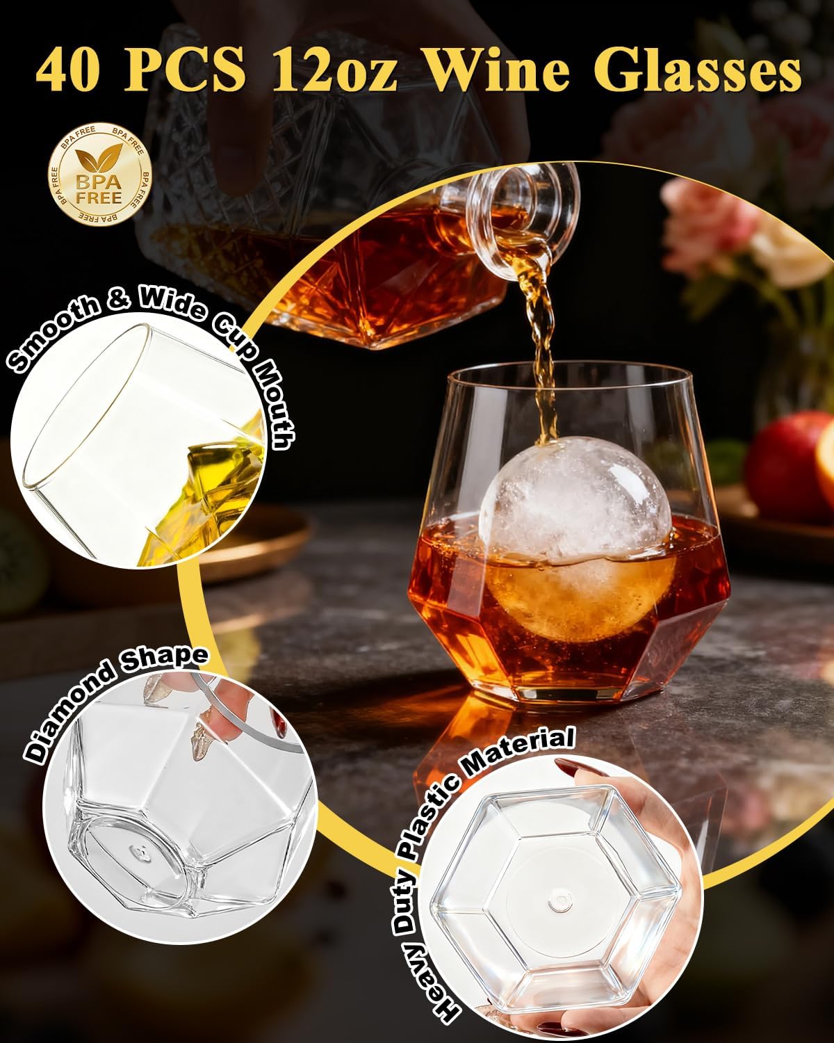 40 PCS Clear 12 Oz Plastic Wine Whiskey Glasses, Diamond Stemless Unbreakable Disposable Wine